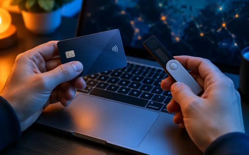 Telefoon met een cryptowallet naast een laptop met een speelsessie